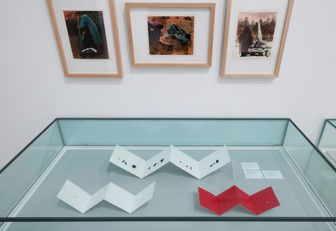 Installation. We look down into a case with three accordion-folded strips of paper. One is white with black marks, one is white with a few black specks, and one is red with white dots. Each makes a wide, shallow W shape.