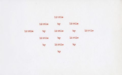 Red text on a white card is typed to make a shape. The words “little” and “by” alternate to make a diamond.