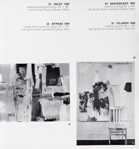 Page from a book. Two abstract compositions are reproduced in black and white. Text at the top gives the titles: “Inlet”, “Broadcast”, “Bypass”, and “Pilgrim”. Captions with dates media, dimensions, and a courtesy line follow each title.