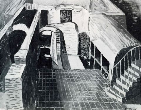 Painting. Black and white image of architectural features that don't quite coalesce into a recognizable space. We look down on arches and walkways, a staircase and a tiled floor but it is hard to tell how they might go together.