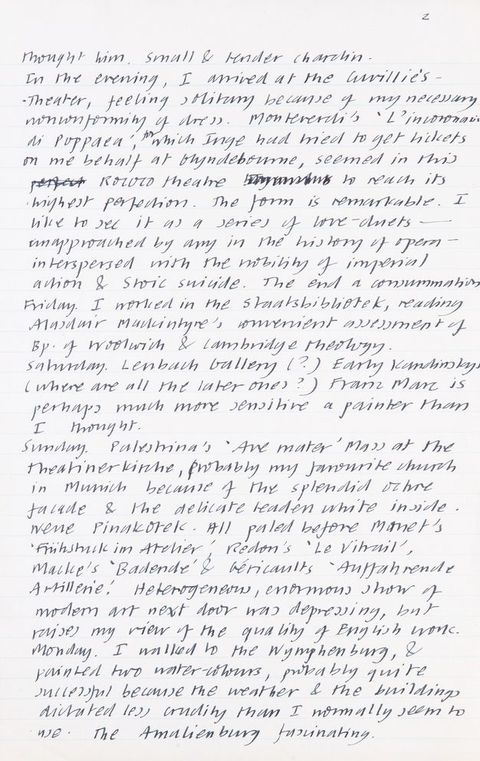 Handwritten document. Journal entries are headed with days of the week, starting with Friday and going through Monday. Recollections on this page capture the author’s experiences seeing performances in a theatre and a church.