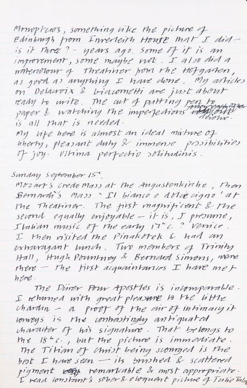 Handwritten document. One journal entry continues from the page before and the second is headed “Sunday September 15th”. Among reports of visiting museums and attending concerts, the author writes, “My life here is almost an ideal mixture of liberty, pleasant duty & immense possibilities of joy”.